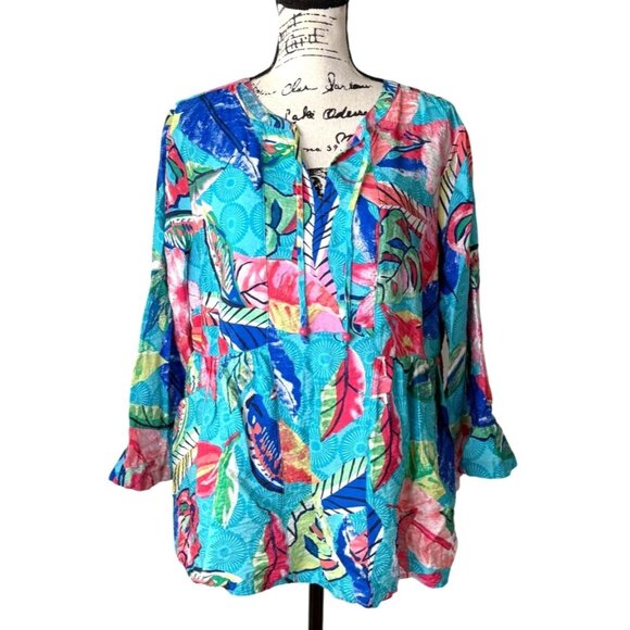 Ali Miles Womens Top Tropical Floral Vibrant Multicolor Print V-Neck Blue Size L - Picture 1 of 8